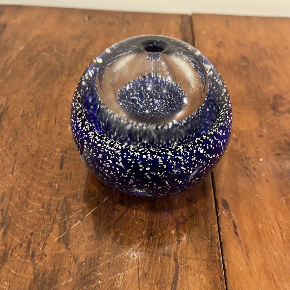 Handblown Cobalt Clear Glass Paperweight Pen Holder Open Base Random Bubbles
